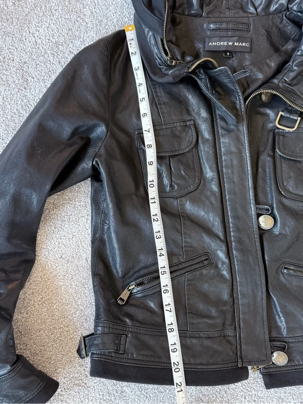 Black Andrew Marc Genuine Leather Moto Utility Jacket - Small w/ Hood - Picture 11 of 12